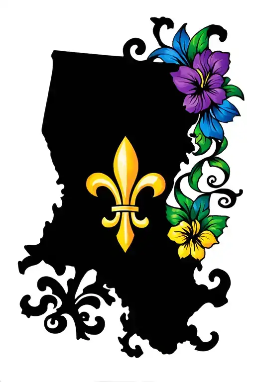 an outline of Louisiana with a fleur de lis inside in Mardi Gras colours tattoo design idea