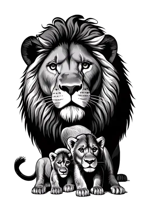 lion with three cubs playing tattoo design idea