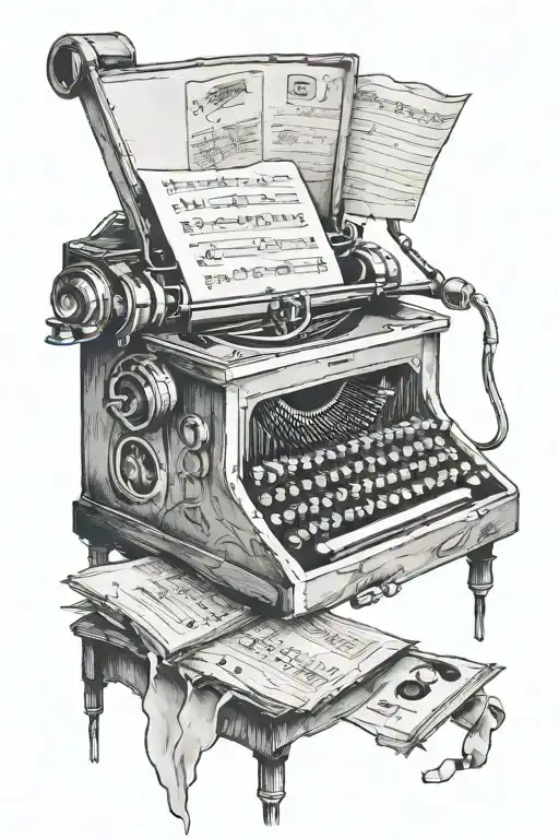 A typewriter with music notes coming out of it and a TV show scene playing on the screen tattoo design idea