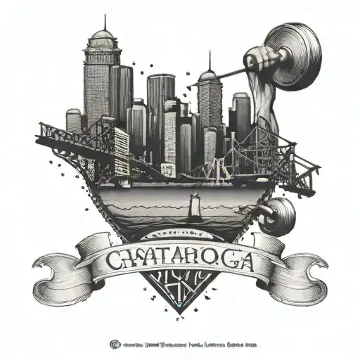An intricate design of Chattanooga's skyline with a silhouette of a muscular figure lifting heavy weights, representing the client's love for weight lifting and their hometown tattoo design idea