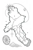 A map of Iran struck by lightning with a lion and sun in the middle. tattoo design idea