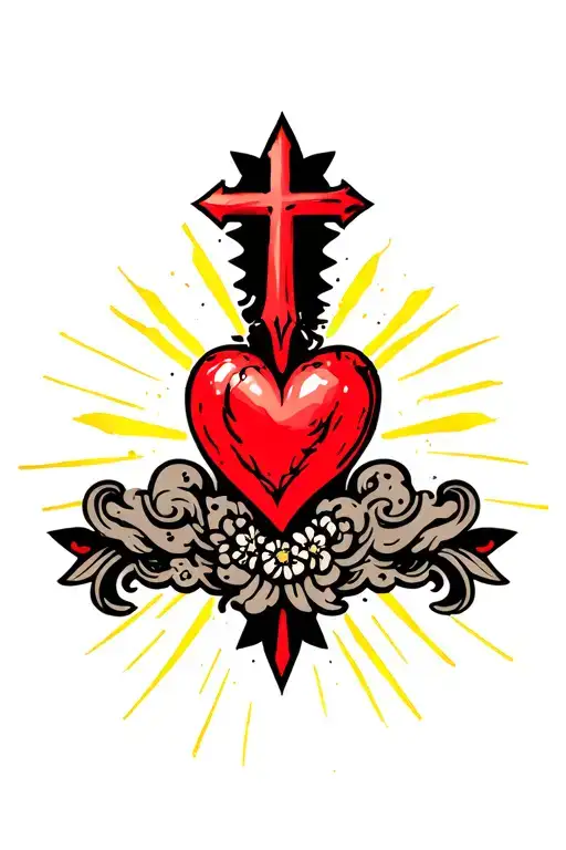 red heart shape, clouds, yellow rays, floral patterns, Norse cross tattoo design idea