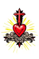 red heart shape, clouds, yellow rays, floral patterns, Norse cross tattoo design idea