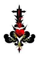 red heart shape, clouds, yellow rays, floral patterns, Norse cross tattoo design idea