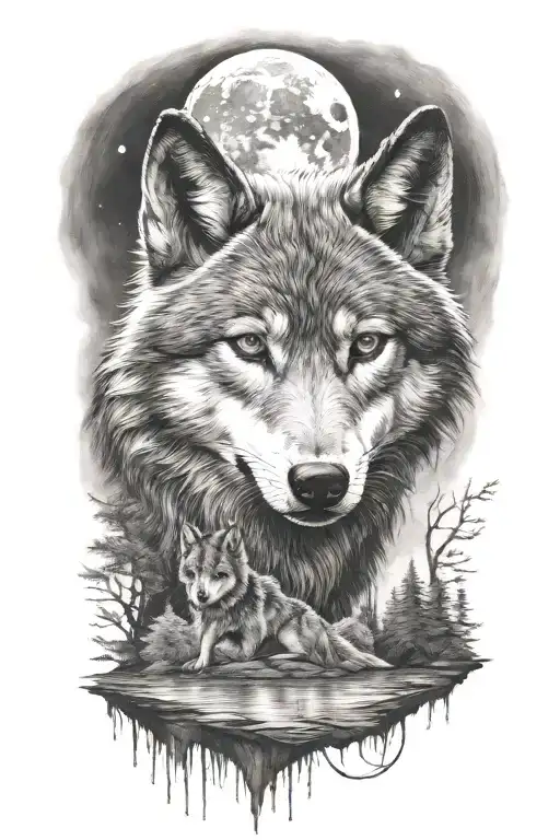 wolf cub, river, moon, adult wolf transition tattoo design idea