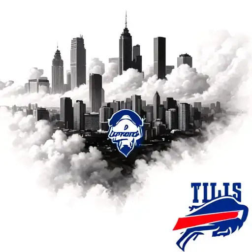 A buffalo Bills logo morphing into a Toronto skyline, with soft, dreamy clouds surrounding it tattoo design idea