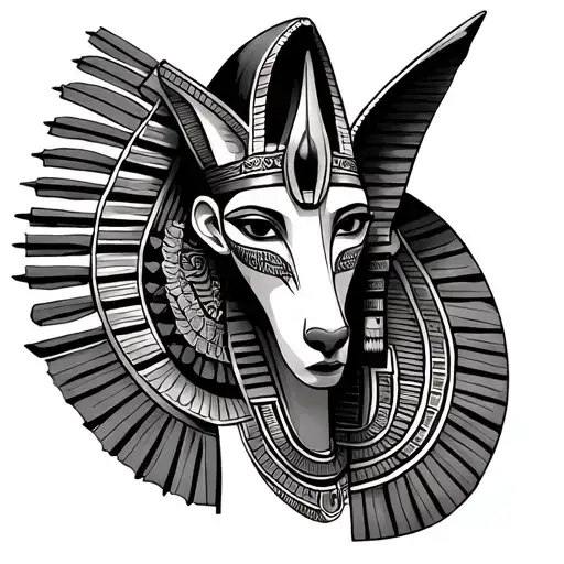 Design a full right-shoulder tattoo that combines Egyptian and Igbo mythology. Integrate the Ankh, Ra, Anpu (Anubis), Se tattoo design idea