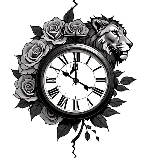 broken clock with roses and A lion head with  tattoo design idea