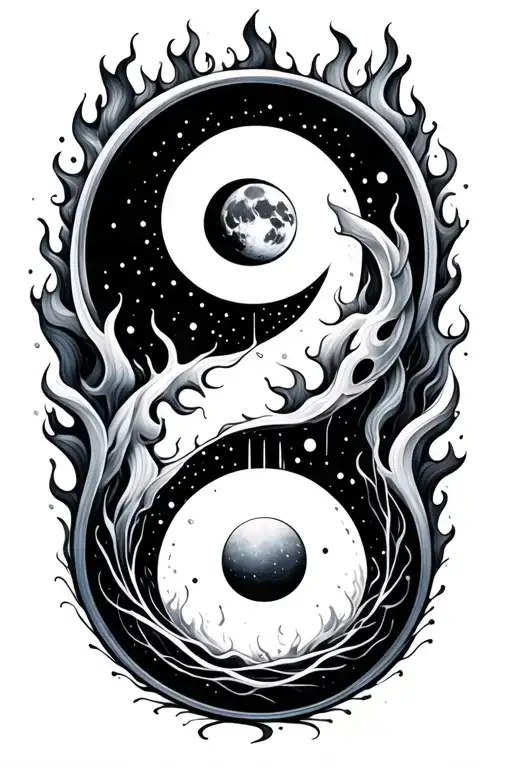 yn yang semicolon inside with water and fire and moon and sun tattoo design idea