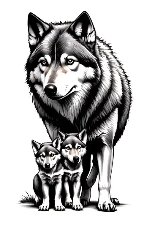 Father wolf with three wolf pups in front of him looking at them tattoo design idea