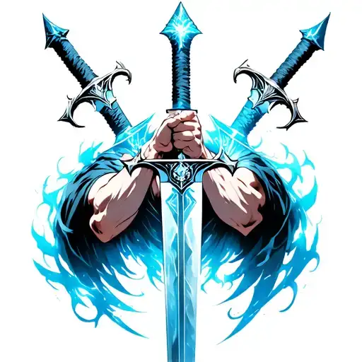 Three floating swords (Archangel Michael–inspired, with anime flair like Black Clover)Blue divine aura around the biceps tattoo design idea