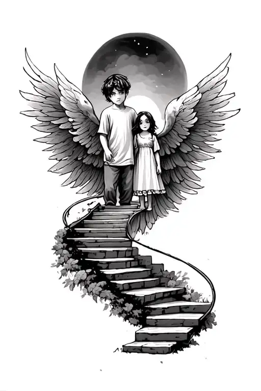 teen boy and  little girl with a staircase to heaven tattoo design idea