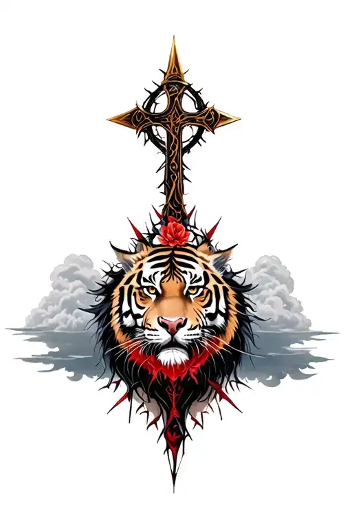 Norse cross, clouds, rays, floral patterns, crown of thorns, oriental tigers tattoo design idea
