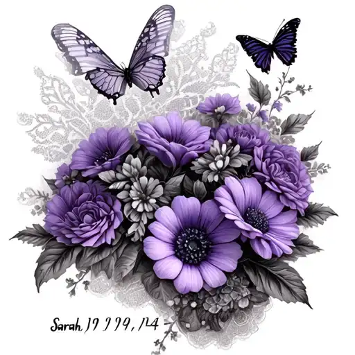 "Sarah 9/11/79-9/1/24" purple flowers, butterfly, lace wrap tattoo design idea