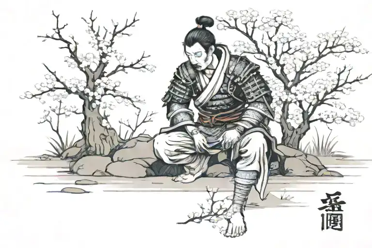 Armored samurai kneeling underneath blossoming cherry tree, near zen garden and pond tattoo design idea