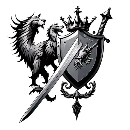 A shield with a Phoenix, a lion rampanta knight sword, and a crown  tattoo design idea