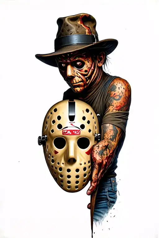 Freddy Krueger holding Jason Vorhee's hockey mask split in half tattoo design idea