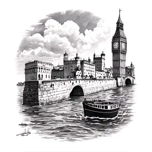 Create a tattoo that incorporates water, portgual palace, Dubrovnik city wall, and big ben tower in london.  tattoo design idea