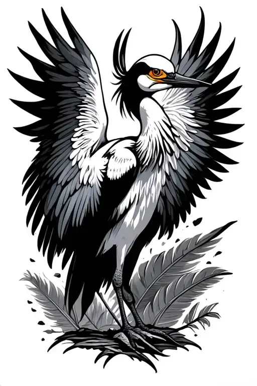 Crane with wing prevalent, detailed feathers and color variation between feathers. tattoo design idea