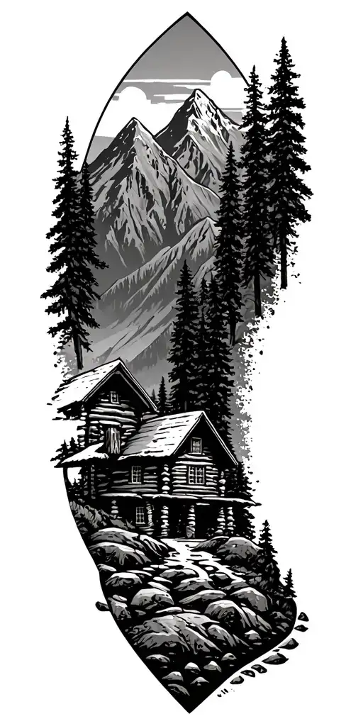 A mountain landscape incorporating a nestled log cabin tattoo design idea