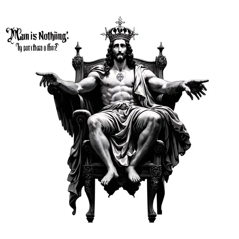 "Man is Nothing" Christ sitting on his throne in heaven and dressed like a king. he is shining brighter than the sun. with his eyes of fi tattoo design idea