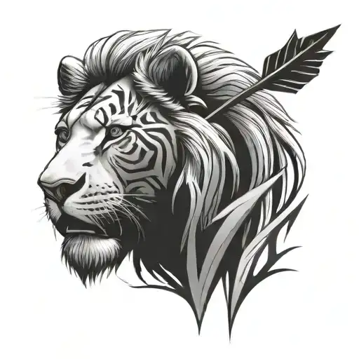 Create a tribal tattoo of a half lion half cub face with an arrow separating them tattoo design idea