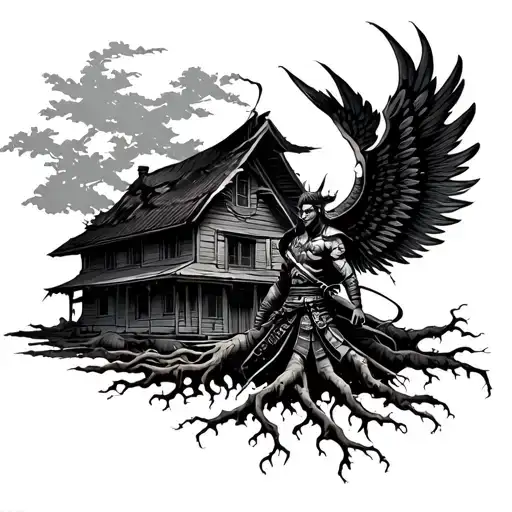 samurai with wings with tree roots leading up to a house tattoo design idea