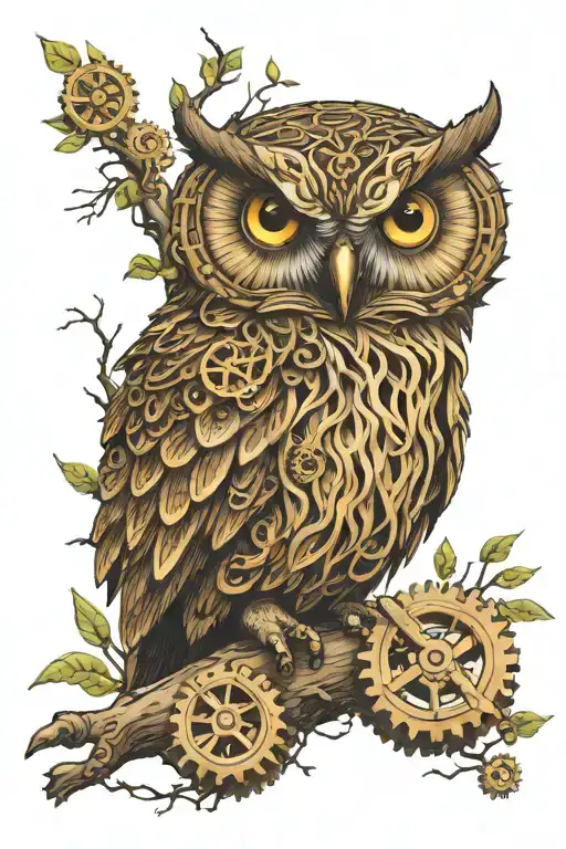 An owl perched on a willow tree branch, with gears and mechanical elements incorporated to represent engineering tattoo design idea
