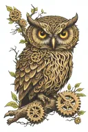An owl perched on a willow tree branch, with gears and mechanical elements incorporated to represent engineering tattoo design idea