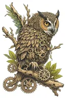 An owl perched on a willow tree branch, with gears and mechanical elements incorporated to represent engineering tattoo design idea