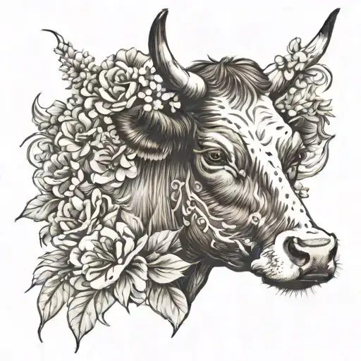 A tattoo of a brown cow wearing a flower crown made out of lilies roses and pansies , highly detailed tattoo design idea