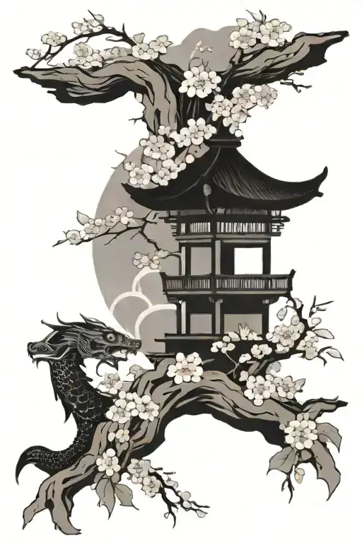 Tori gate, with a samurai in the middle, spirit’s on the side and koi fish garden with cherry blossoms wrapped around tattoo design idea