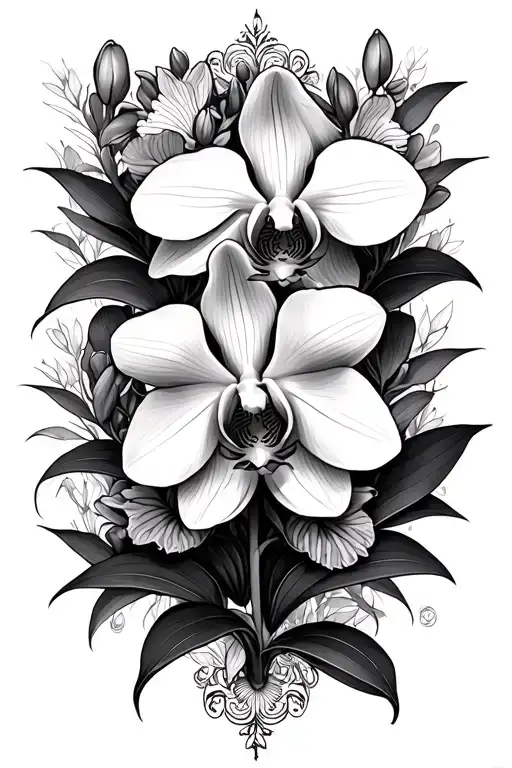 orchids blooming with renesanse/gothic details as background with some blackout parts tattoo design idea