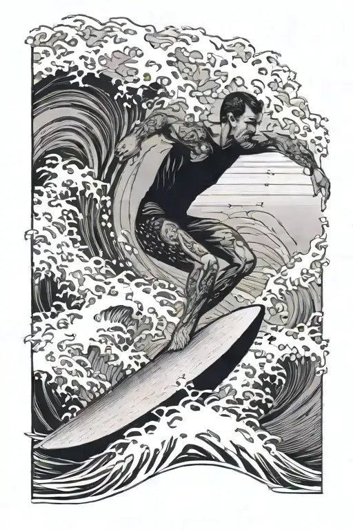 Giant wave surfer riding wave with life and death fighting for his soul tattoo design idea