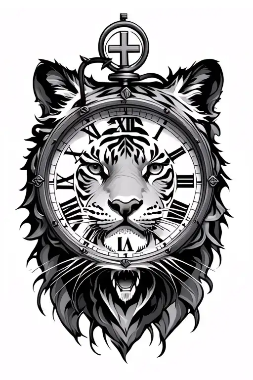 tiger head and clock or stop watch Roman numerals and cross and cool design tattoo design idea