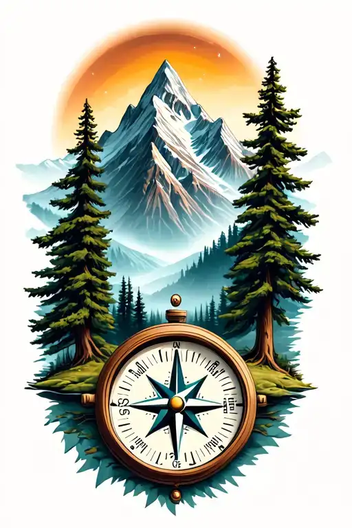 mountain range and forest with compass tattoo design idea