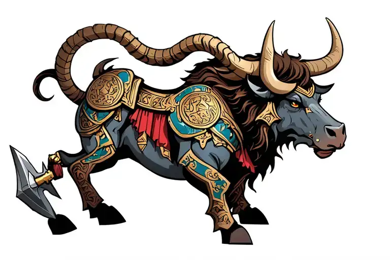 Taurus Minotaur in Dawarven battle Armour with warhammer with a spike. tattoo design idea