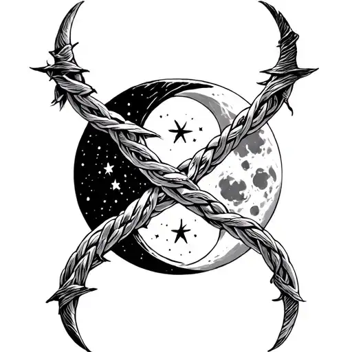 tripple  moon  with witches knot intertwined with moon cycle underneath tattoo design idea