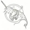 sword fighting dragon outline with moon and Saturn in background  tattoo design idea