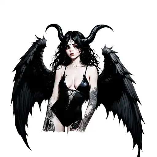 Sexy Pale Girl, Petite, Big Boobs, Wide Hips, G-String, Messy Dark Hair, Demonic Horns, Demonic Wings, Gothic tattoo design idea