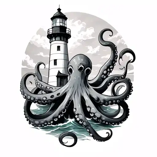 Lighthouse wrapped in octopus tattoo design idea