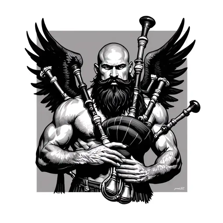 scottish bagpiper bald black beard muscular wearing glengarry pipes in arm big black wings shirtless tattoo tattoo design idea