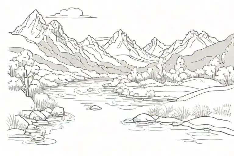 A peaceful landscape with a flowing river in the foreground, behind the river are majestic mountains. On the riverbank,  tattoo design idea