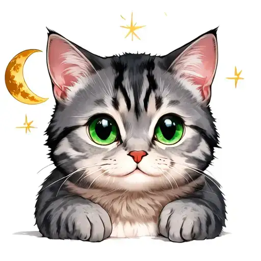 gray tabby cat, big green eyes, include a moon and her feet somehow tattoo design idea