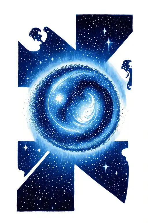 zima blue episode, blurry line between ai and human, circularity of life, with starry/cosmos background  tattoo design idea