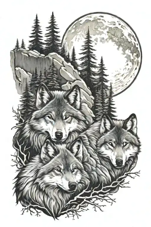 Wolf in the mountains with three baby wolfs and full moon  tattoo design idea