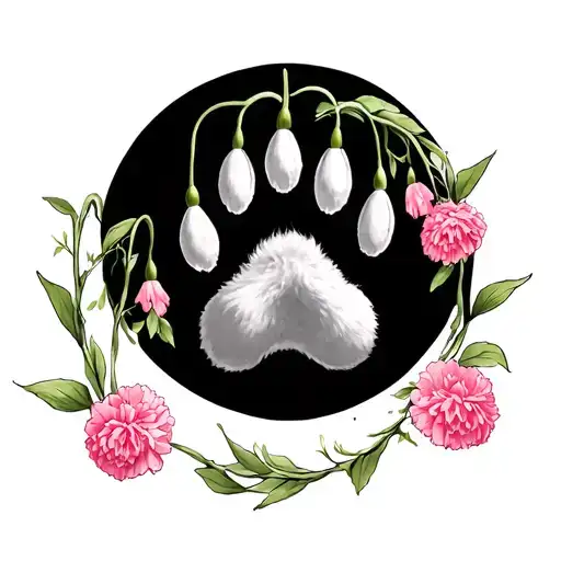 Dog paw print inside a crescent moon with snowdrop flowers hanging from the top tip of the moon And pink carnations lini tattoo design idea