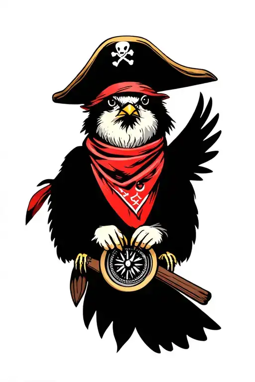 sparrow in a pirate hat and red bandana holding a compass tattoo design idea