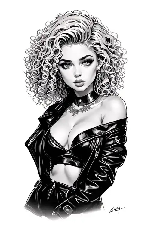 blonde curly hair girl femdom figure in leather tattoo design idea