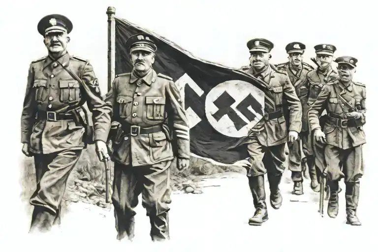 Hitler and the Nazi flag with some soldiers, 1945 tattoo design idea